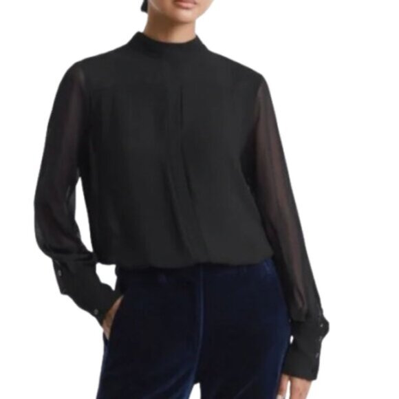 REISS Black Sheer High Neckline Blouse Classic Chic - Picture 1 of 10
